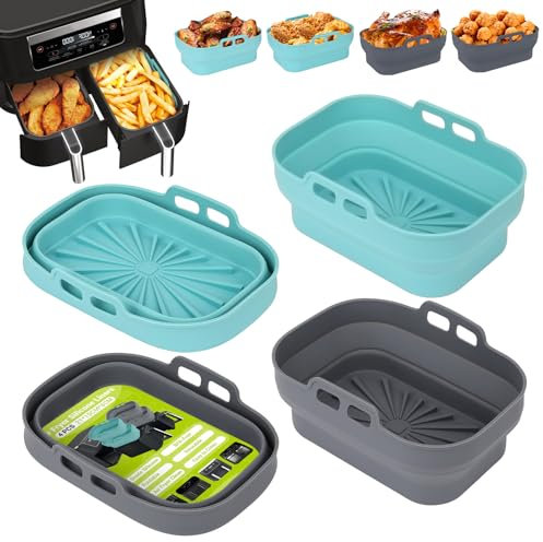 Alyvisun Moule Silicone Air Fryer, 4 Pièces Moules pour Friteuse à Air Réutilisable Plat Airfryer Accessoire Rectangulaire Ustensiles Panier pour Friteuse Air Chaud, Four, Microonde (Bleu+Gris)