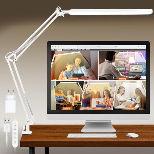 BIENSER Lampada da Scrivania a LED, Lampada da Tavolo con Morsetto, 11 Livelli di Luminosità X 5 Modalità, Dimmerabile, Protezione degli Occhi, Lampada da Architetto Per Ufficio Lettura Studio