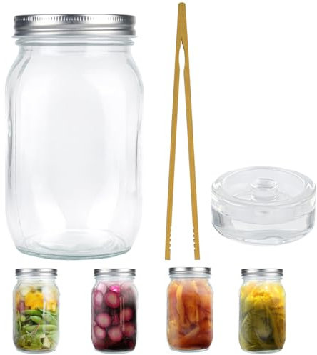 XCDMJ Kimchi Mason Jar Bocaux transparents avec couvercles 1 l avec pince en bois, poids avec poids de fermentation et couvercle à visser, bocaux de fermentation Kimchi Bocaux de conservation
