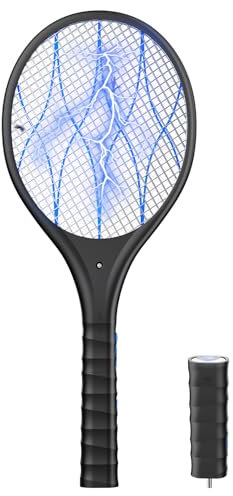 AROEVE Elektrische Fliegenklatsche, 4000V Elektrische Fliegenklatsche, USB-Aufladung, LED-Licht, Abnehmbare Taschenlampe, 3-Schicht-Schutzgitter, Doppelter Schalter, Zuhause, Garten, Schwarz