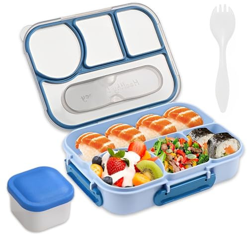 DWFEYOI Fiambrera Bento Con caja de salsa, Fiambrera con 4 compartimentos para Cubiertos, Fiambrera a Prueba de Fugas, Fiambrera para Niños con Compartimentos para Escuela, Guardería, Oficina