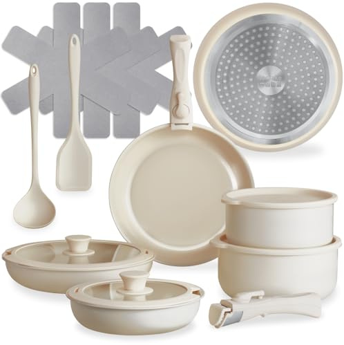 tectake®, Set di pentole 16 pezzi, set pentole induzione anche per piani a gas, elettrici, rivestimento antiaderente in ceramica, manici removibili - 2 Padelle, 2 Pentola, Pot, 4 Coperchi - Bianco
