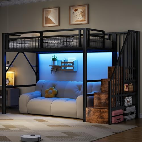 Lubvtti Cama alta de metal 90 x 200 cm con luz LED, cama individual tipo loft, espacio utilizable debajo de la cama, escalera de seguridad con espacio de almacenamiento, color negro (colchón no