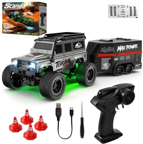 LTFIOON 1:64 Mini Crawler con Remolque, Coche teledirigido Drift – Vehículo Todoterreno 2,4 GHz con Luces LED, 2 velocidades, Pegatinas DIY – Coche RC Off‑Road de Mesa para niños y Adultos