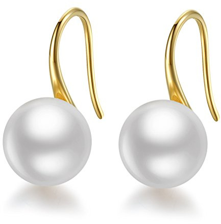 Pearl Earrings For Women, 925 Sterling Silver Freshwater Cultured Pearl Drop Dangle Hook Earring Jewellery (Yellow Gold Plated Sterling Silver,8.5-9.0mm)