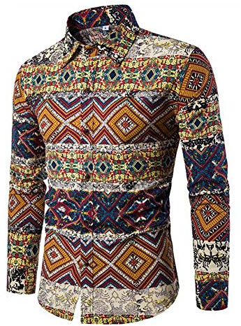 Camisas de flores para hombre, camisas multicolor, camisa de manga larga, estampado de cachemira, camisa de ocio, manga larga, casual Geometric XL