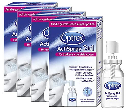Optrex Actispray 2in1 Augenspray gegen trockene & gereizte Augen - Liposomales Augenspray für sofortige Linderung - 4 x 10 ml