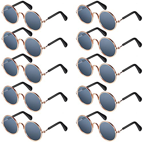 10 Pieces Cat Dog Sunglasses Funny Pet Glasses Round Metal Small Classic Retro Sunglasses Pet Hippie Cute Dog Cat Cosplay Party Costume Photo Props Cosplay Glasses(Grey)