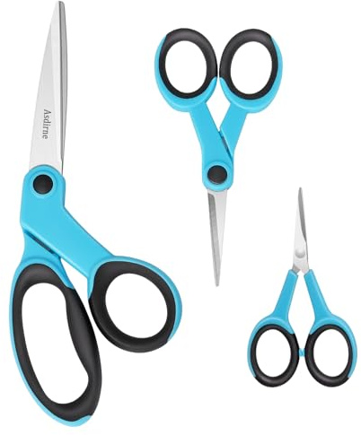 Asdirne Fabric Scissors Set - Sharp Stainless Steel Blade and Soft Handles, Sewing, Craft and Embroidery Scissors, 3PCs, Blue/Black