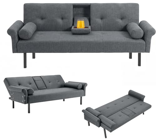 Panana 3 Seater Sofa Bed,Click Clack with Armrest Sofabed Fabric Couch Recliner,Choice of Colour (Gray Linen, With Drinks Cup Holder)