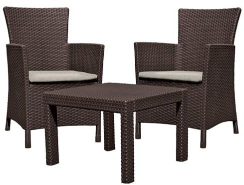 Keter Rosario Balcony Set balkongmöbelset 2 x fåtölj och 1 x bord, rottinglook, plast, perfekt för balkong, terrass eller trädgård, väderbeständig och UV-beständig brun/beige