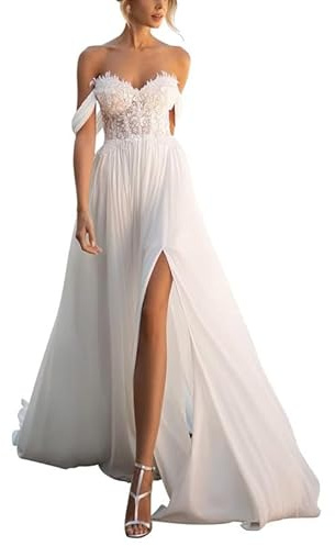 SEVENYXX Abiti da Sposa delle Donne Ufficio Civile off Shoulder Abiti da Sposa Chiffon Abito da Sposa con Slit, Bianco, 42