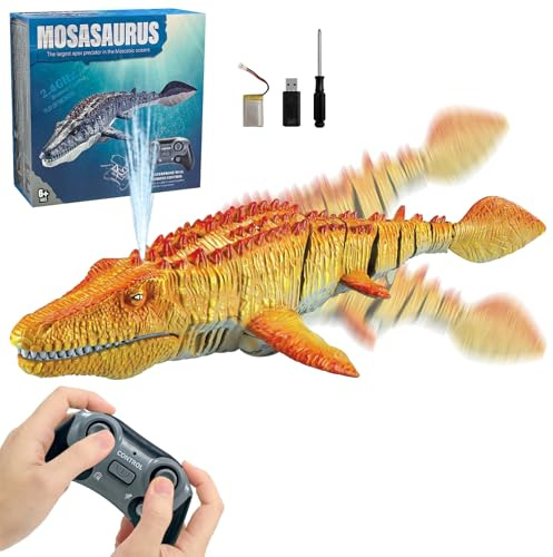ALEENFOON 2.4GHz RC Barco Teledirigido Mosasaurus con Agua pulverizada, RC Barco Simulación Mosasaurus para Piscina Agua, Dinosaurio Juguete con Control Remoto de Doble Hélice (Amarillo)