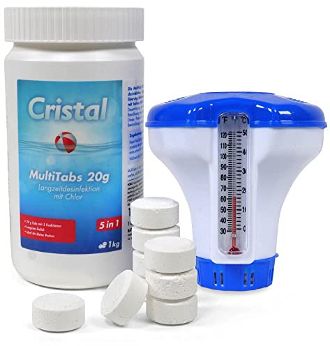 Cristal Multitabs Chlor mit Dosierer & Thermometer - Komplettset für Whirlpool & Pool - Wasserpflege 5-in-1 - Praktisch & Effektiv
