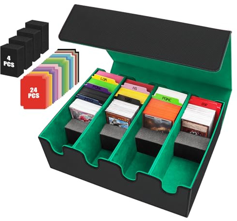 Scatola per Carte per Oltre 2800+ Carte, Scatole per Carte Collezionabili con 24 Divisori Colorato, Scatole per Mazzi Magnetici Premium, Custodia in pelle PU per Carte Magic the Gathering(Nero Verde)