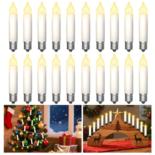 Lustaled 20Stück E10 16V 3W Kerze Ersatzbirnen Glühbirne für Weihnachtsbaum 15 Schwibbogen, 2200K Warmweiß kleine Schaftkerzen für Lichterketten innen, Schwibbogen, Weihnachtskranzlichter