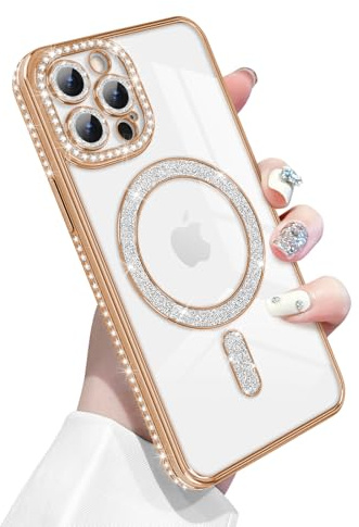 Newseego für iPhone 12 Pro Hülle, Glitzer Funkelnde Diamanten Handyhülle Kompatibel mit MagSafe Luxuriös Bling Flexibel TPU Glitter 6,1 Zoll Schutzhülle Fallschutz Stoßfest für iPhone 12 Pro Gold