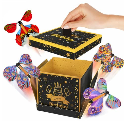 Butterfly Explosion Gift Box with 4Pcs Colorful Flying Butterflies | Creative DIY Pop Up Surprise Box for Birthday, Anniversary, Valentine's Day, Wedding, Black Gold