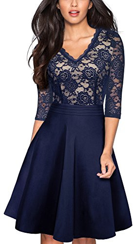 HOMEYEE Mujer Vintage 3/4 Mangas de Encaje Floral Bordado cóctel Flared Vestido A062 (EU 36 = Size S, Azul Oscuro)