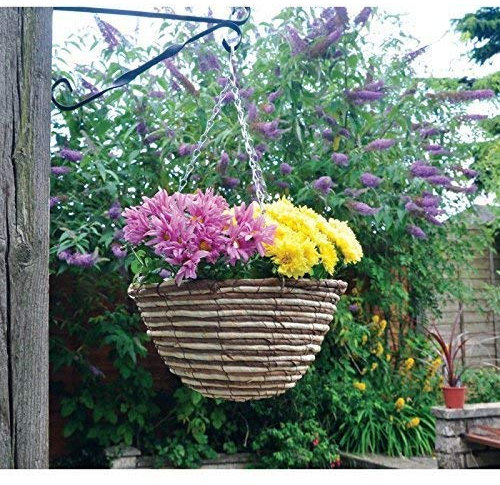Garden Mile® Garden Hanging Flower Basket 12'' Round Rattan Plant Holder Outdoor Plant Pot Planter with Hanging Chain Wicker Flower Pot Basket Balcony Decoration