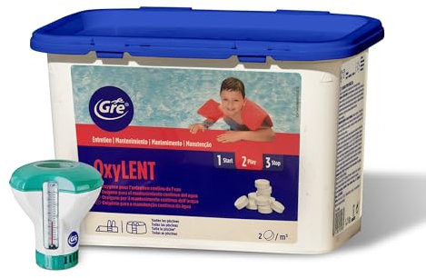OSSIGENO ATTIVO GRE in pastiglie da 20gr - OXI LENT Kg.1,2 + Dosatore Galleggiante c/Termometro. Ideale per piscina e spa Idromassaggio