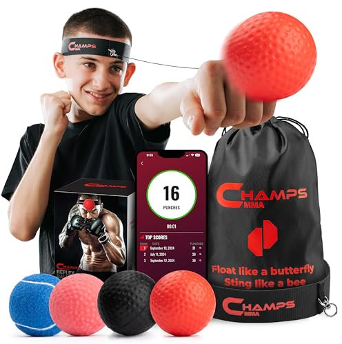 Boxing Reflex Ball Set of 4 with App– Boxing Ball MMA Gear of with Varying Weights with Headband and 4 Spare Strings to Improve Speed, Hand-Eye Coordination for Men And Kids Gift