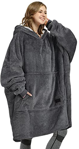 Kato Tirrinia Couverture à capuche, sweat-shirt Sherpa surdimensionné, couverture portable chaude super douce, pull à poche géant confortable à capuche géant adultes hommes femmes, Noir cendré
