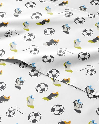 Kids Queen Size Soccer Bed Sheets - 4 Piece Soccer Microfiber Sheet Set - Sport Theme bedding - Ultra-Soft, Cute & Cozy - Breathable & Machine Washable - Football Set for Boys, Girls, Teens & Toddlers