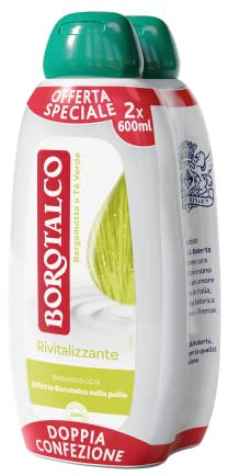 Borotalco Vitalisierendes Duschbad Bergamotte und Grüner Tee, Körperbad, revitalisierende Formel, Borotalco Effekt auf der Haut, dermatologisch getestet, 2 Flaschen à 600 ml