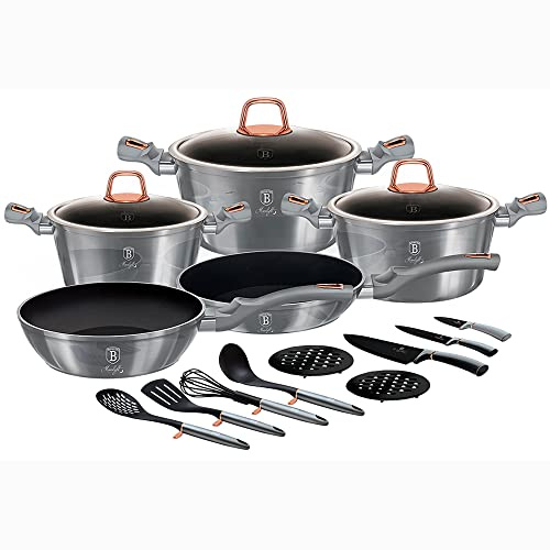 B BERLINGER HAUS BERLINGERHAUS Professional Präzisions-Kochgeschirr-Set Moonlight Induktion, Marmor ohne PFOA, 3 Töpfe, 3 Glasdeckel, 2 Pfannen, 3 Messer, 4 Utensilien, 2 Untersetzer, Grau