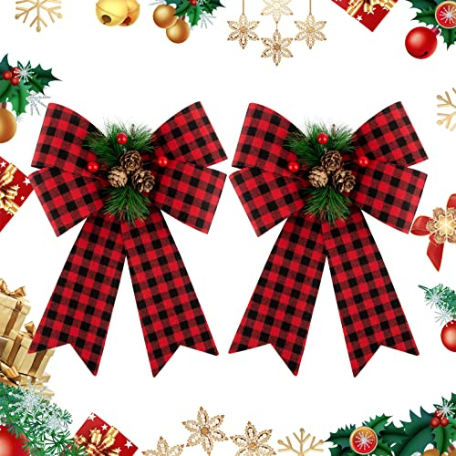 2 Pz Fiocchi Natalizio a Quadretti Fiocchi Decorativi Pigne Finte Rami di Pino Artificiale Bacche Rosse Nastro Fiocchetti Grandi Decorazione Natalizie Albero di Natale Sacchetti Regalo Scatole