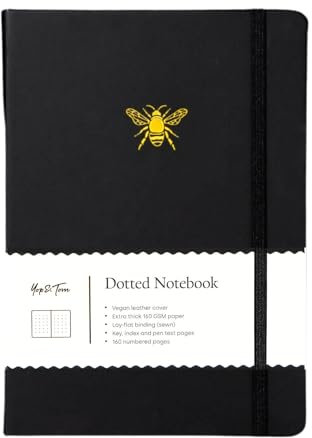 Yop & Tom A5 Bullet Journal, 160 GSM dickes Papier, veganes Leder mit Biene design - Anthrazit