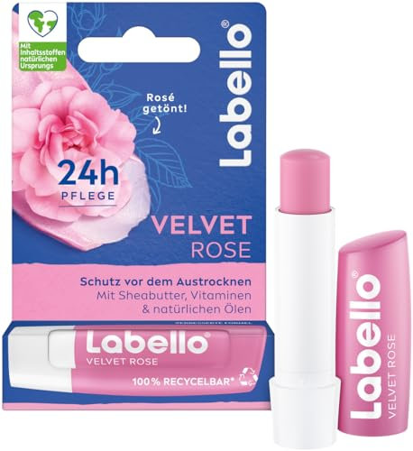 Labello Velvet Rose Lippenpflegestift, Lippenpflege mit dezentem Rosenduft für 24h Feuchtigkeit, pflegender Lippenbalsam mit Sheabutter und Jojoba-Öl (4,8 g)