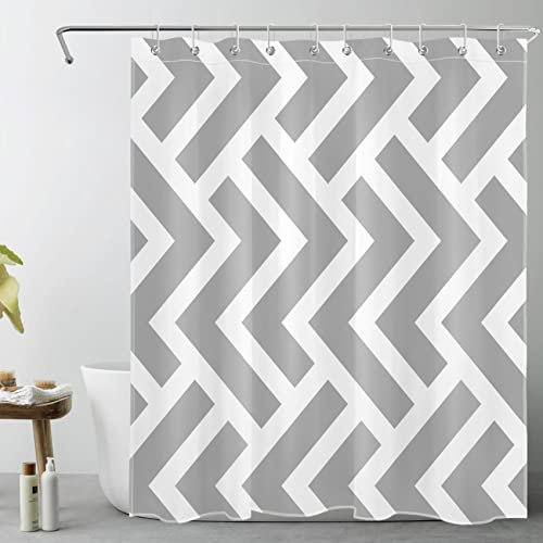 LB Grau und weiß gestreift Duschvorhang 120x175cm(BxH) Moderne Geometrie Antischimmel Wasserdicht Badezimmer Vorhänge, Abstrakt strukturiert Extra Kurz Polyester Stoff Bad Vorhang mit Haken