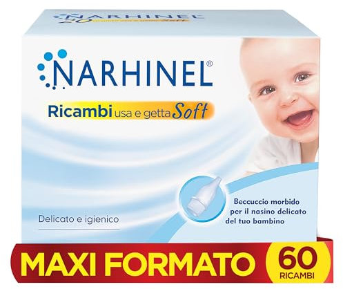 Narhinel MAXI FORMATO 60 Ricambi Morbidi per Aspiratore Nasale Neonati e Bambini con Filtro Igienico Assorbente per Trattenere il Muco, Pacco da 60 Ricambi Monouso