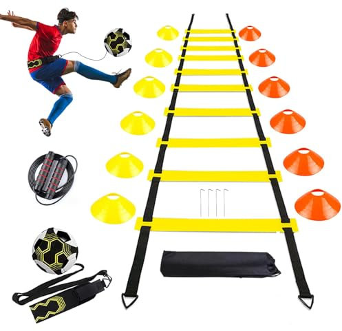 AOPUETRX Kit d'entraînement de football pour garçon avec échelle de coordination de 6 m, 12 cônes et entraîneur de football avec ceinture réglable et corde à sauter