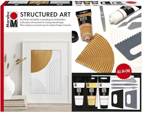 Marabu Acrylpasten Set STRUCTURED ART, Strukturpaste inkl. Spachtel, Malmesser und Malkarton, Malset für Mixed Media, Art Journaling, Spachteln uvm., 1202000000088