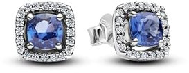 Pandora Timeless Funkelnder Quadratischer Blauer Strahlenkranz Ohrringe aus Sterling Silber mit Blauem Stein, 293551C01