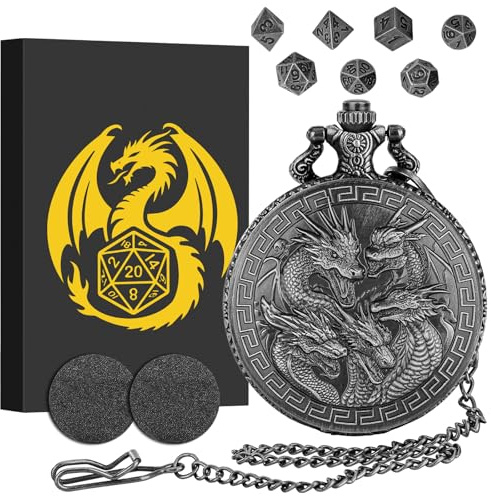 Steampunk Cinque Teste di Drago Custodia per Orologio da Tasca, Set di Dadi Mini DND, 7 pezzi in Metallo Poliedrico Dadi D&D, Regali di D&D con Regalo, Accessori per Giochi di Ruolo, Argento Scuro