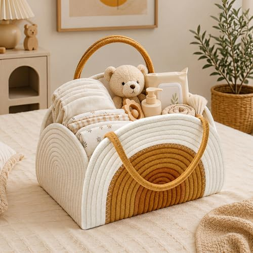 Afenau Panier Rangement Bébé Organisateur en Coton, avec Compartiments et Poignées, cadeau pour Panier à Langer Nouveau-Né, Blanc