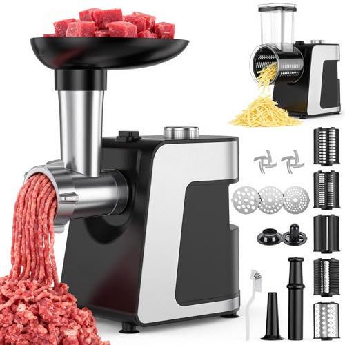 FITNATE Hachoir à Viande Électrique, Robot Multifonction avec Tube à Saucisses, Râpe à Fromage & Coupe-Légumes, 3 Grilles de Hachage Fin/Moyen/Grossier Incluses