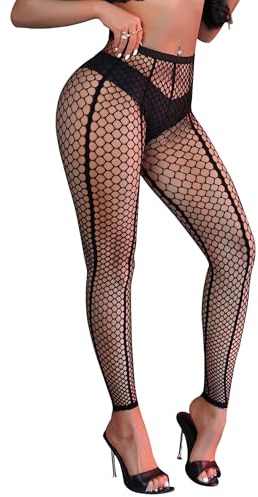 comeondear Footless Fishnet Tights Womens XS-5XL, Sexy Vertical Stripe Mesh Pantyhose Stretchy Funky Tights for Women, Plus Size Seamed Stockings Leggings Rave Outfits Box Package
