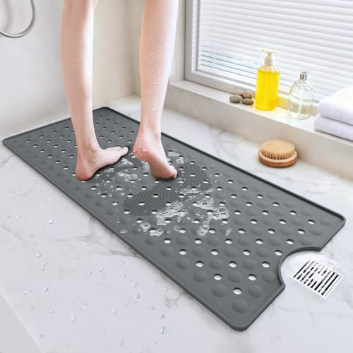 Tappetino Vasca Antiscivolo, 90 x 40 cm Tappetino Antiscivolo Vasca da Bagno con Ventose, Materiale in Morbido Silicone, Lavabile in Lavatrice per Pavimento, Grigio