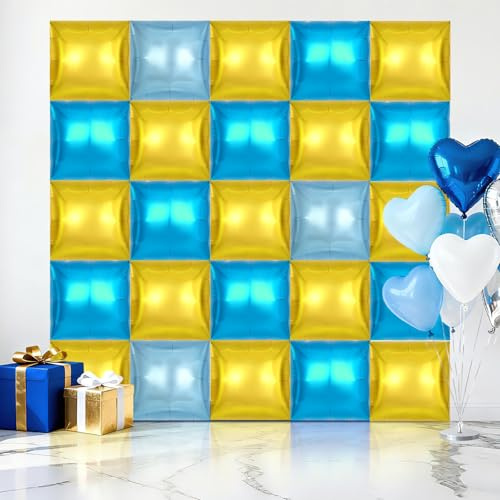 25 Pcs Square Balloons, Metallic Square Foil Balloons Wall Backdrop, Double Sided Mylar Balloons Tunnel Arch Kit for Anniversary Wedding Birthday Baby Shower Party Decorations (Gold and Blue)