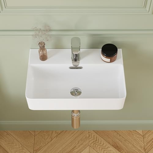 DeerValley Lavabo de baño de cerámica, lavabo de encimera blanco con borde delgado y desbordamiento, montaje en pared o lavabo de baño, incluye drenaje emergente, fregadero de baño pequeño moderno