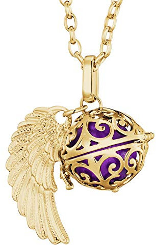 Morella Collar ángel de la Guarda de Acero Inoxidable Oro 70 cm con Colgante alas de ángel y Bola de resonancia de Color Lila 16 mm para Damas en Bolsa para Joyas