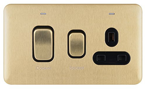 Schneider Electric Lisse - Unità di controllo a vite Deco con presa di corrente singola, doppio polo, indicatore al neon, 45A, GGBL4001BSB, ottone satinato con inserto nero