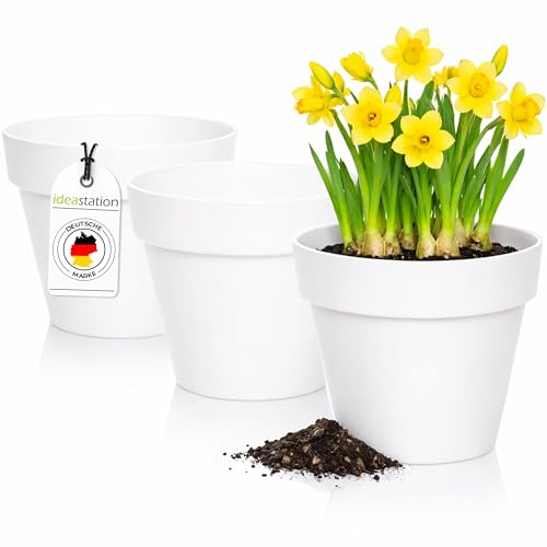 idea-station IBI Blumentopf Set 3 x 14 cm - weiß - bruchsichere Blumentöpfe aus Plastik für verschiedenste Pflanzen, Blumen oder Kräuter - Matte Übertöpfe für innen und außen