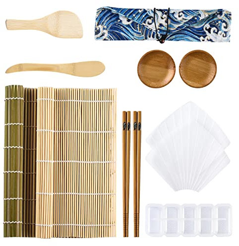 ShipeeKin 11 piezas Sushi Maker Kit, Tapete de bambú para sushi con paleta de arroz +rodillo Temaki+molde de arroz de 5 rejillas+2 platos para salsa+palillos con bolsa de almacenamiento