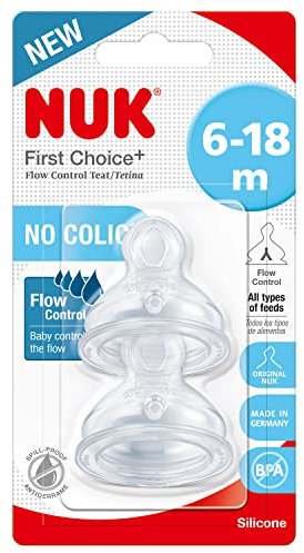 NUK First Choice+ Teats for Baby Bottles | 6-18 Months | Flow Control | Anti-colic Vent | BPA-free | 2 Count